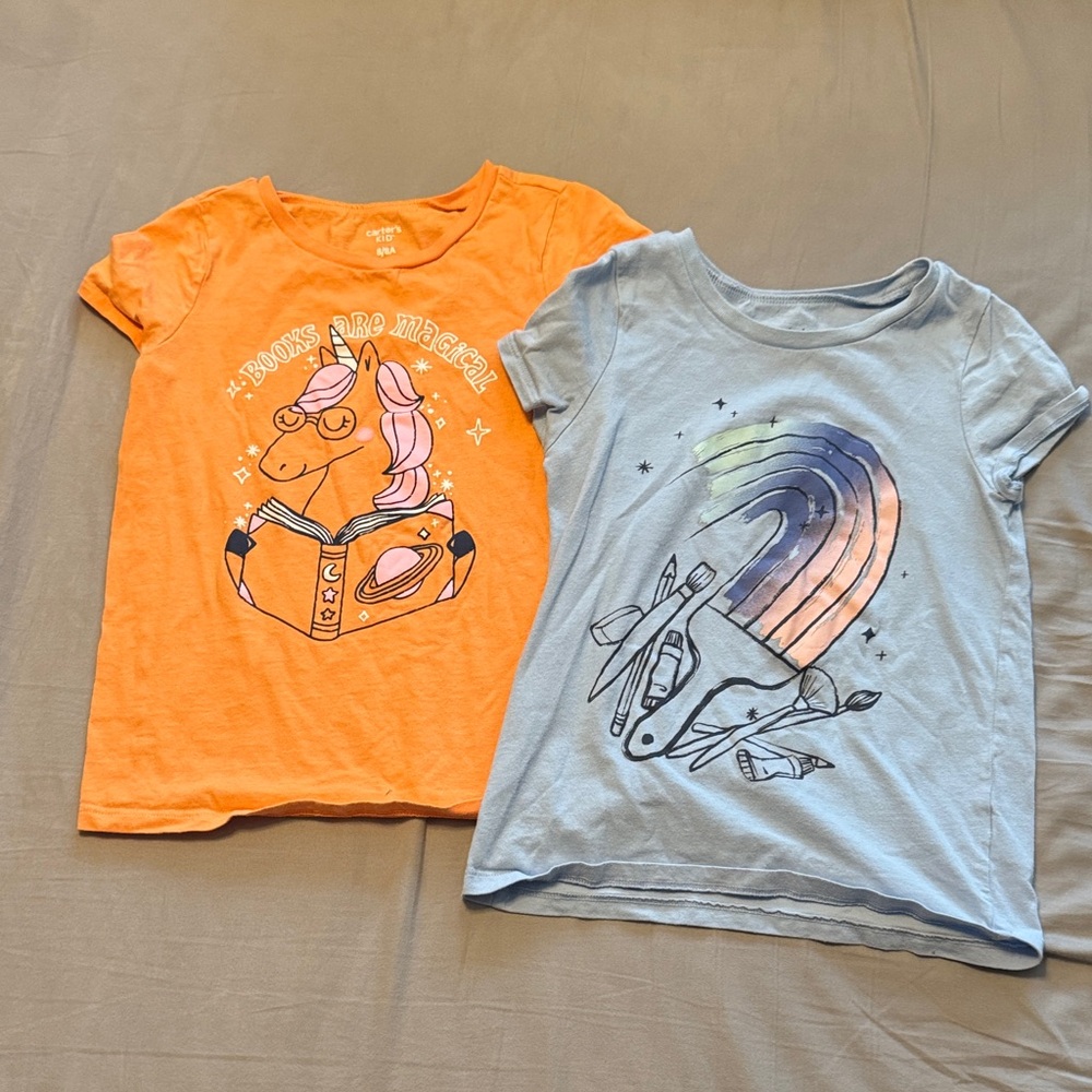 Carter's Kid (2) Graphic Tees Orange Unicorn & Blue Pain Brush - Size 8/8A